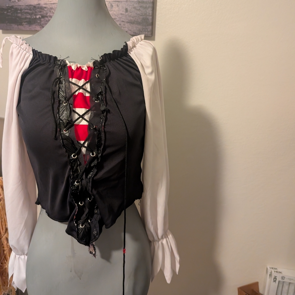 California Costumes Black With Red and White Lace-Up Blouse Pirate Top Halloween